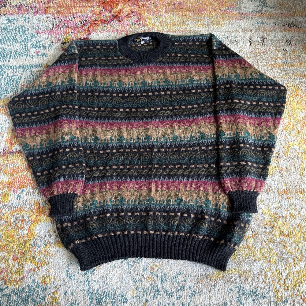 Vintage 100% Alpaca Sweater Mens XXL Alpaca Print Knit Crewneck Made In Peru